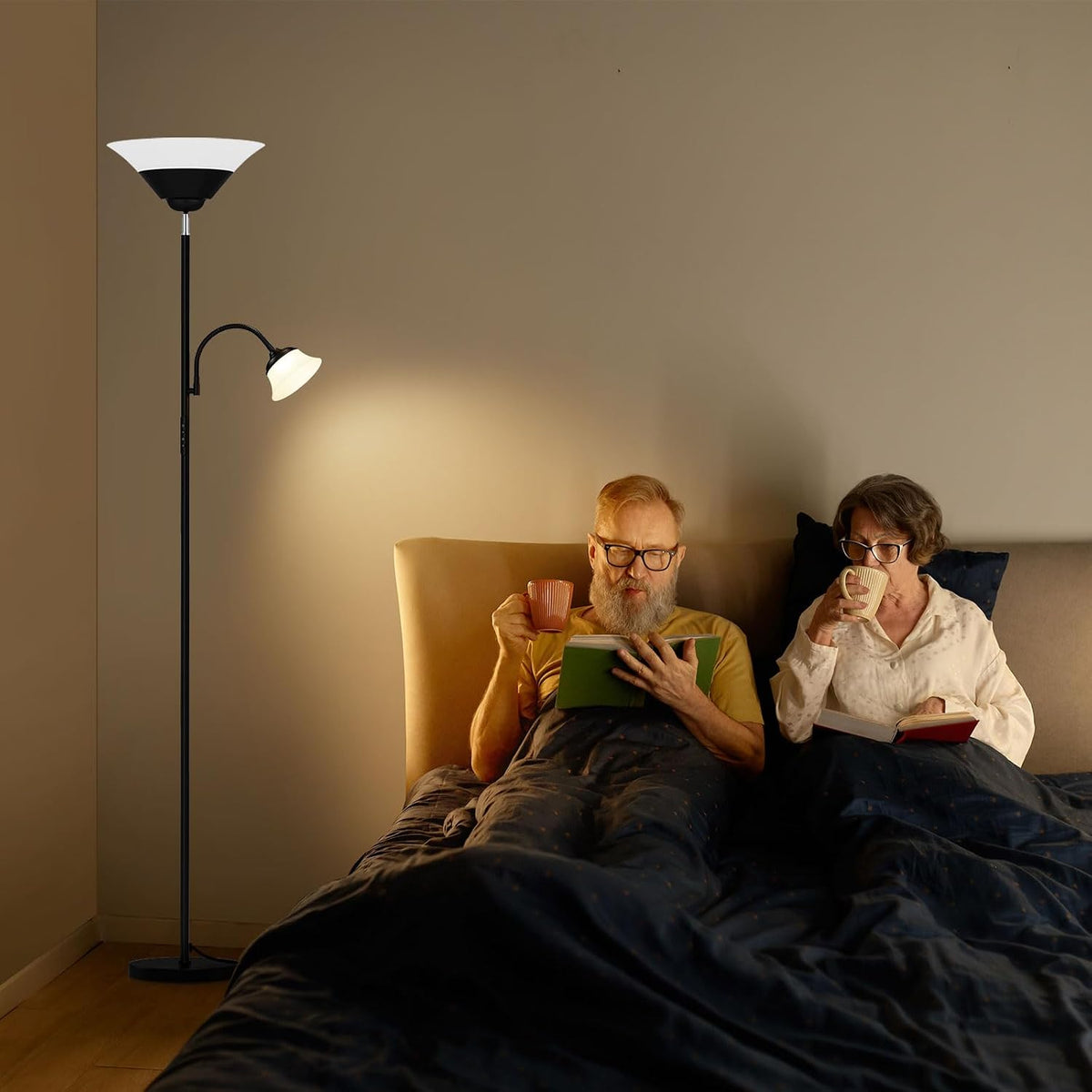 SIBRILLE MF30022.1 2-in-1 floor lamp: dual-head lamp beside a person reading in bed.