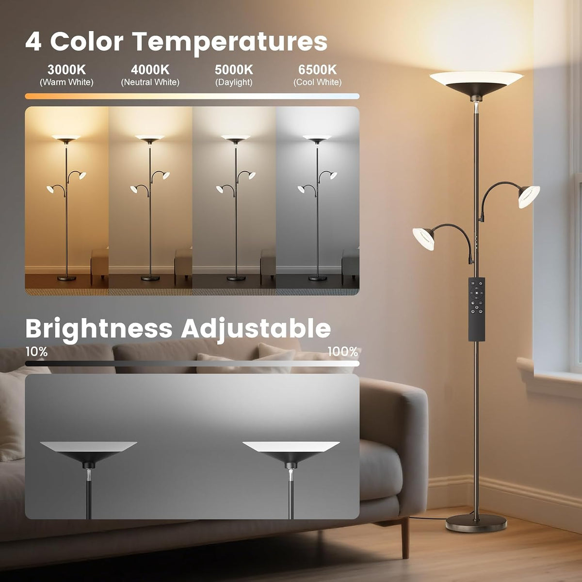 SIBRILLE 3-light torchiere floor lamp: white-light temperature and dimming comparison.