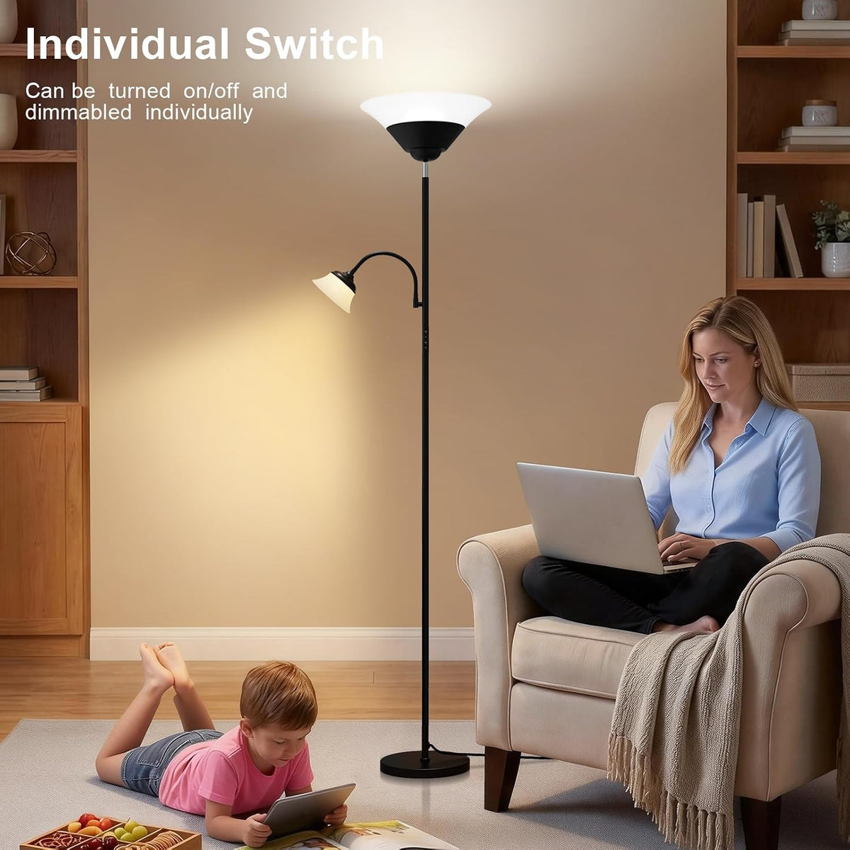SIBRILLE MF30022.1 2-in-1 floor lamp: independent light control illustration beside a reading chair.