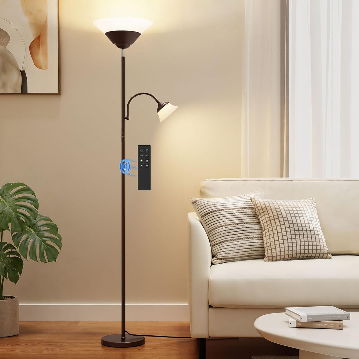 SIBRILLE MF30022.1 2-in-1 floor lamp: brown uplight and reading arm beside a sofa.