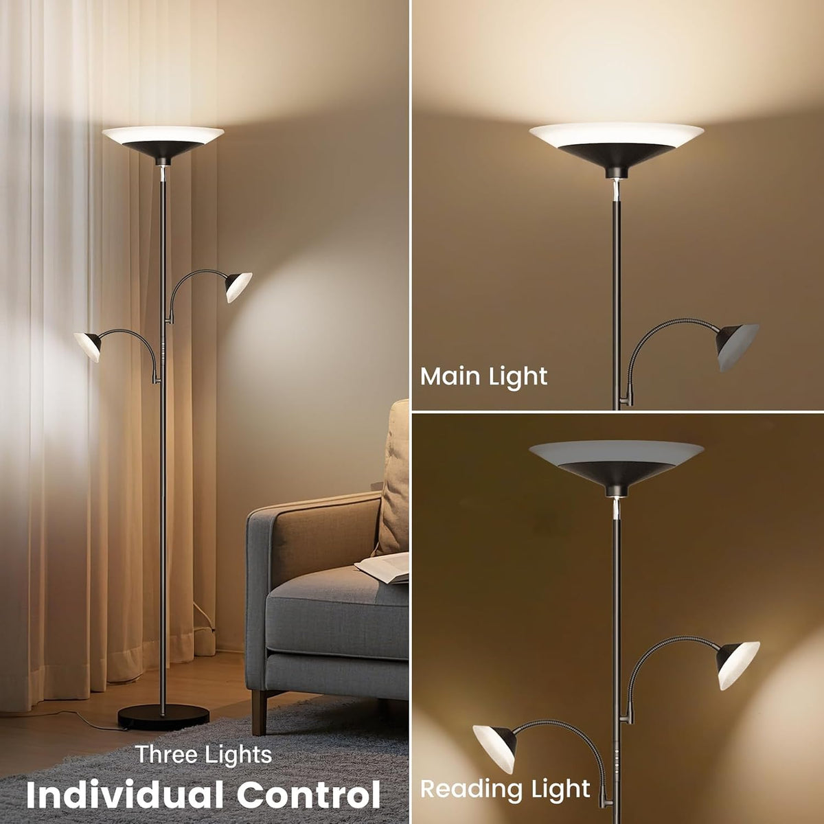 SIBRILLE 3-light torchiere floor lamp: independent main light and two reading light control diagram.