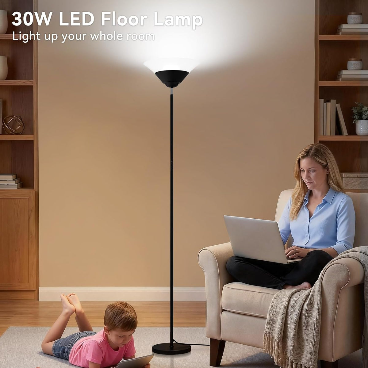 SIBRILLE MF30022 torchiere floor lamp: single-head torchiere beside a reading chair.