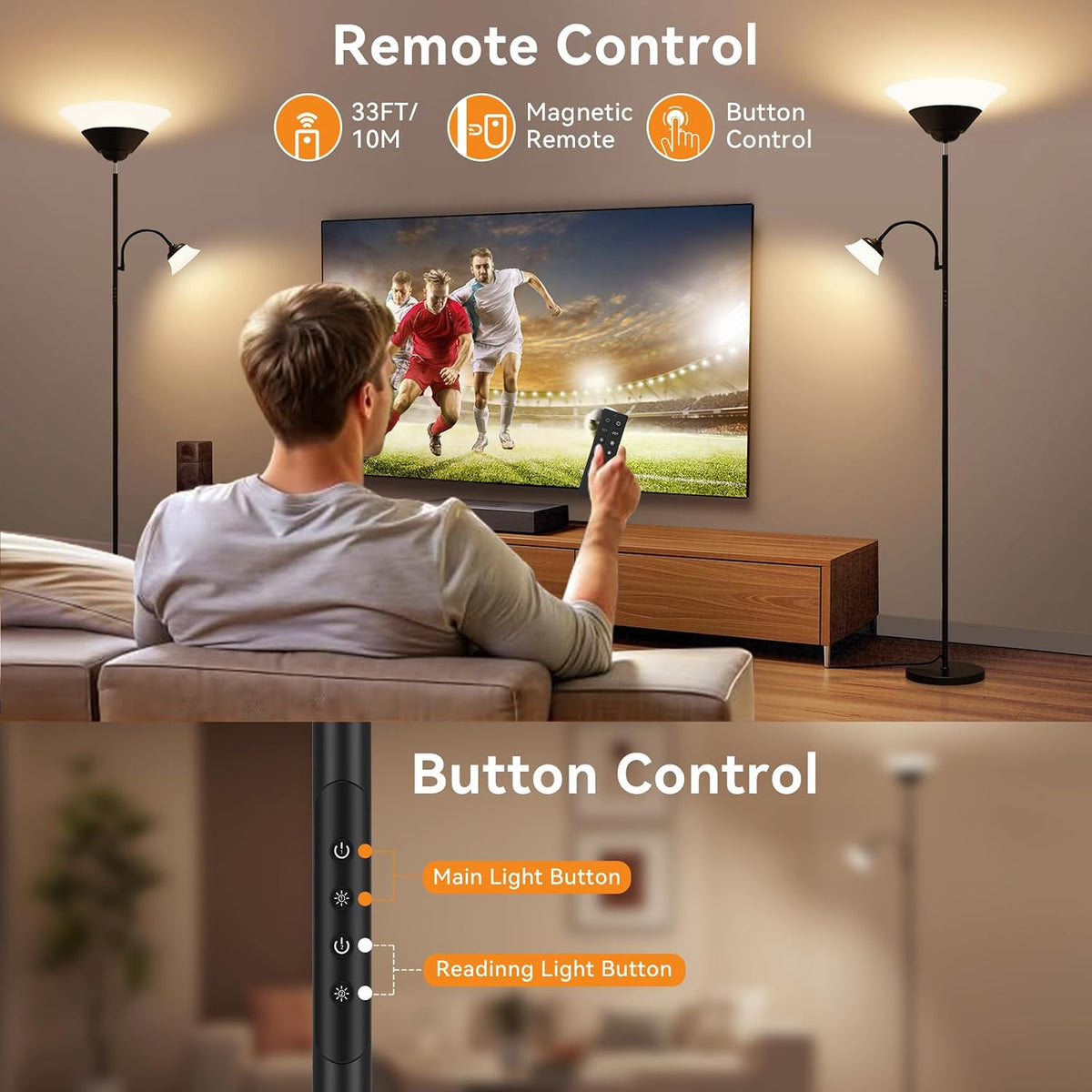 SIBRILLE MF30022.1 2-in-1 floor lamp: remote and pole-control illustrations.