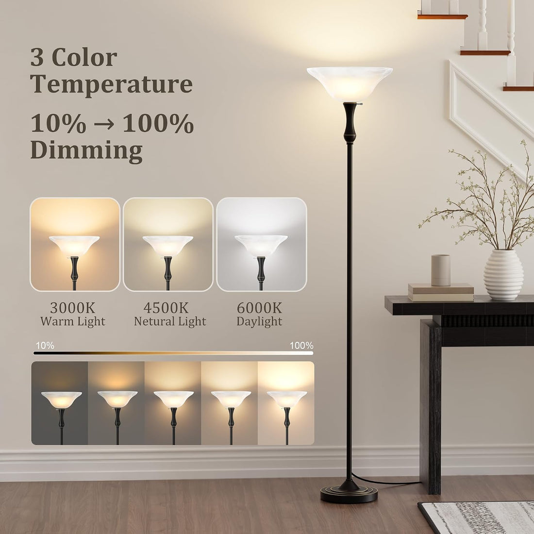 SIBRILLE Glass Shade Torchiere Floor Lamp with Remote & Knob