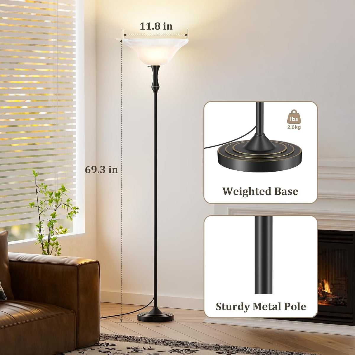 SIBRILLE glass-shade torchiere: lamp dimensions, weighted base and metal-pole details.