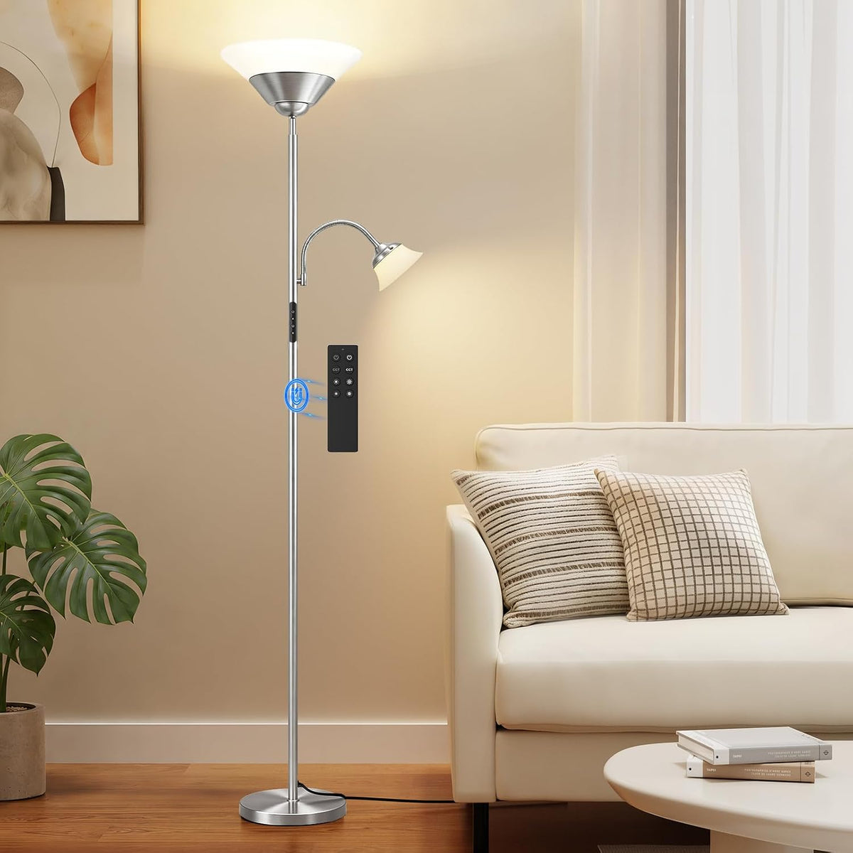 SIBRILLE MF30022.1 2-in-1 floor lamp: metallic silver uplight and reading arm beside a sofa.