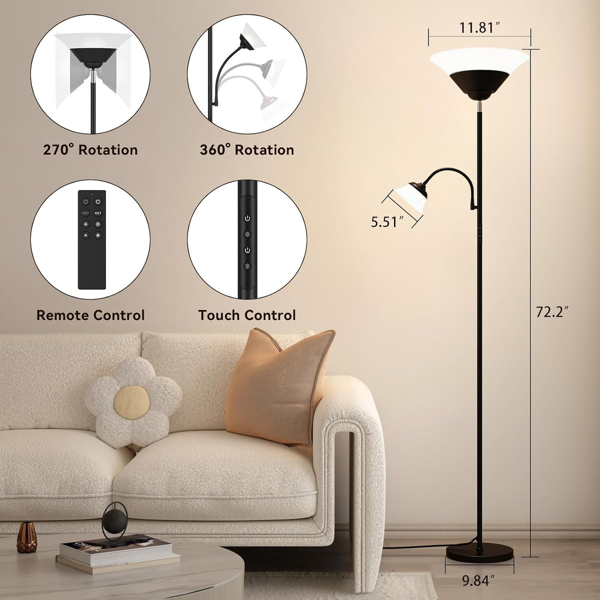 SIBRILLE MF30022.1 2-in-1 floor lamp: lamp dimensions and top-light adjustment diagram.