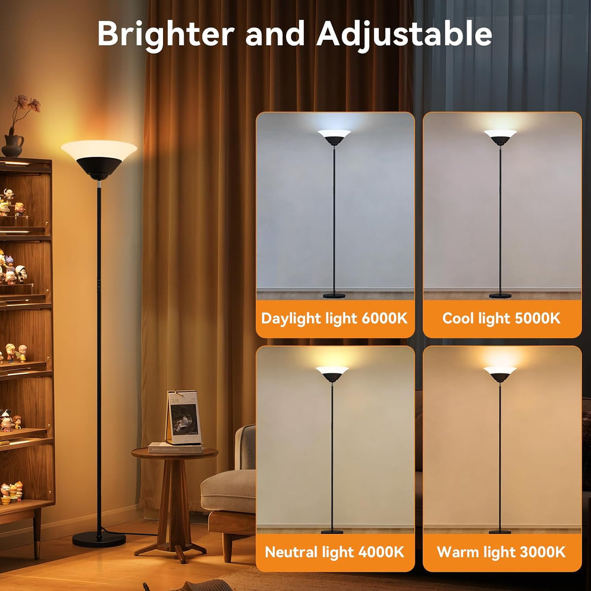 SIBRILLE MF30022 torchiere floor lamp: white-light color-temperature and dimming comparison.