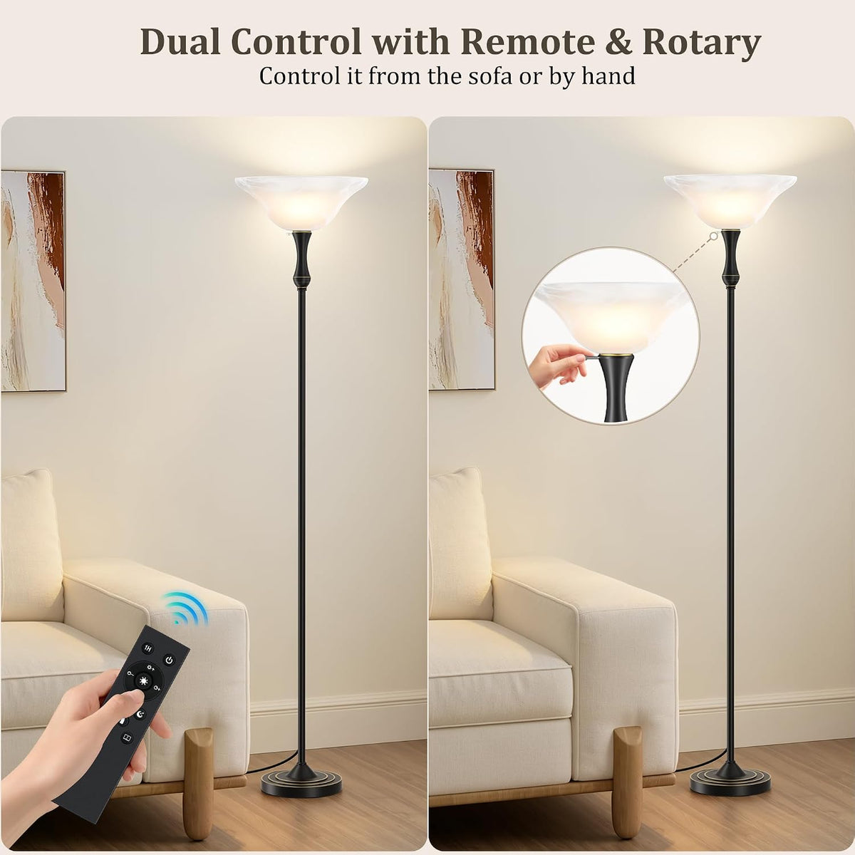 SIBRILLE glass-shade torchiere: remote and rotary-knob control illustrations.