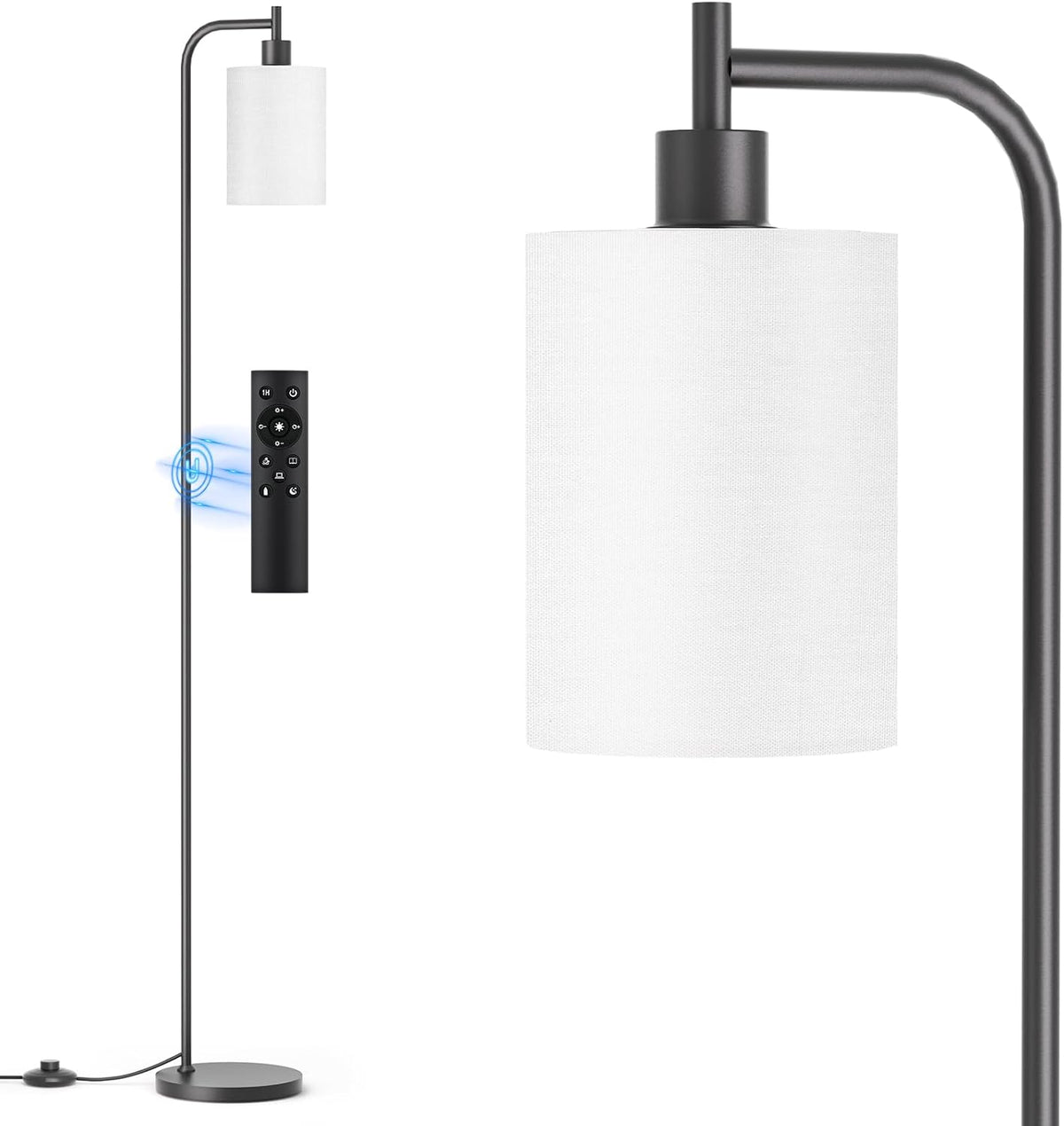 SIBRILLE fabric-shade floor lamp: white fabric shade on a black pole.