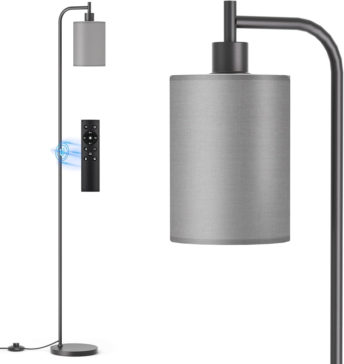 SIBRILLE fabric-shade floor lamp: gray fabric shade on a black pole.