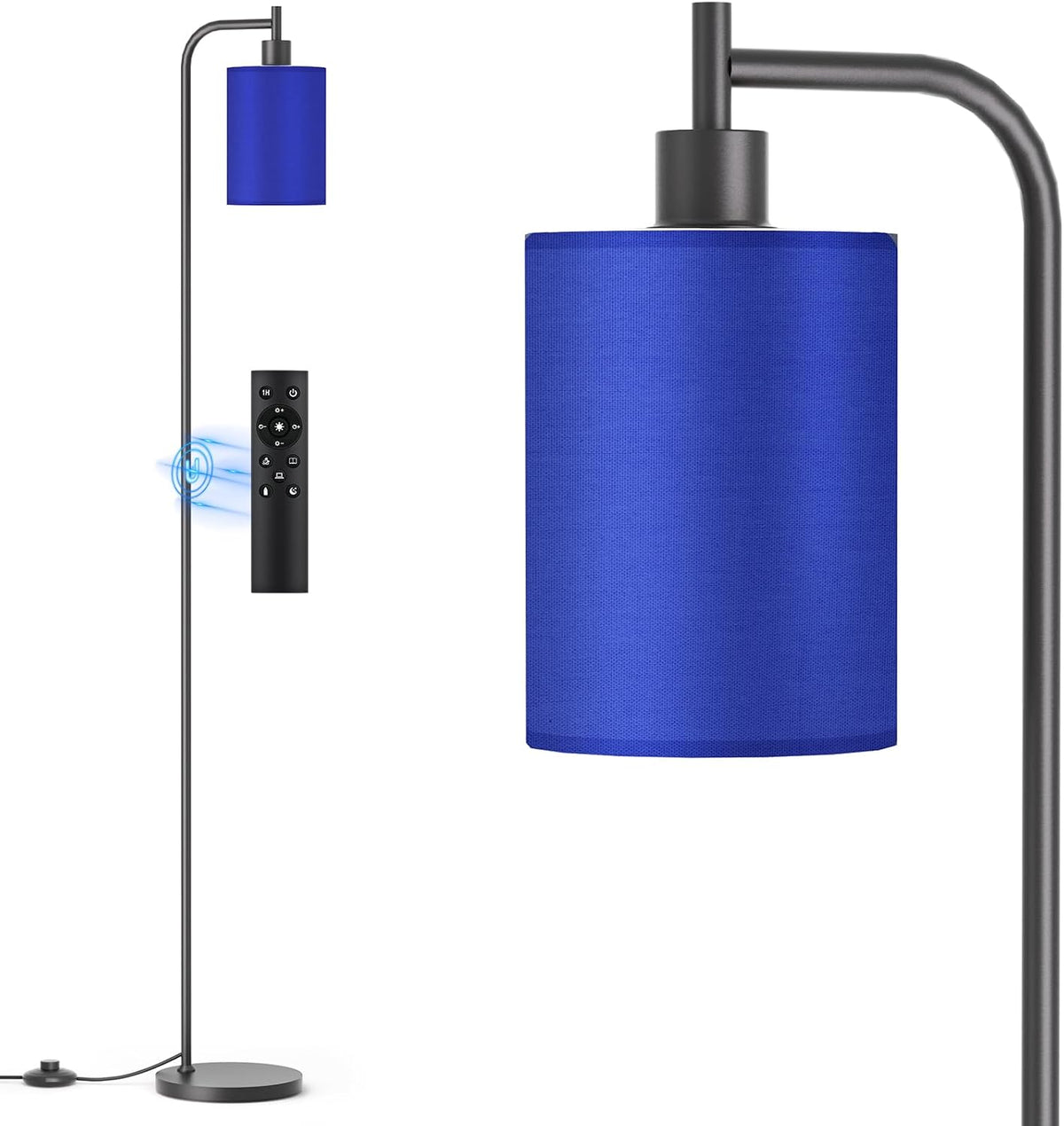 SIBRILLE fabric-shade floor lamp: blue fabric shade on a black pole.