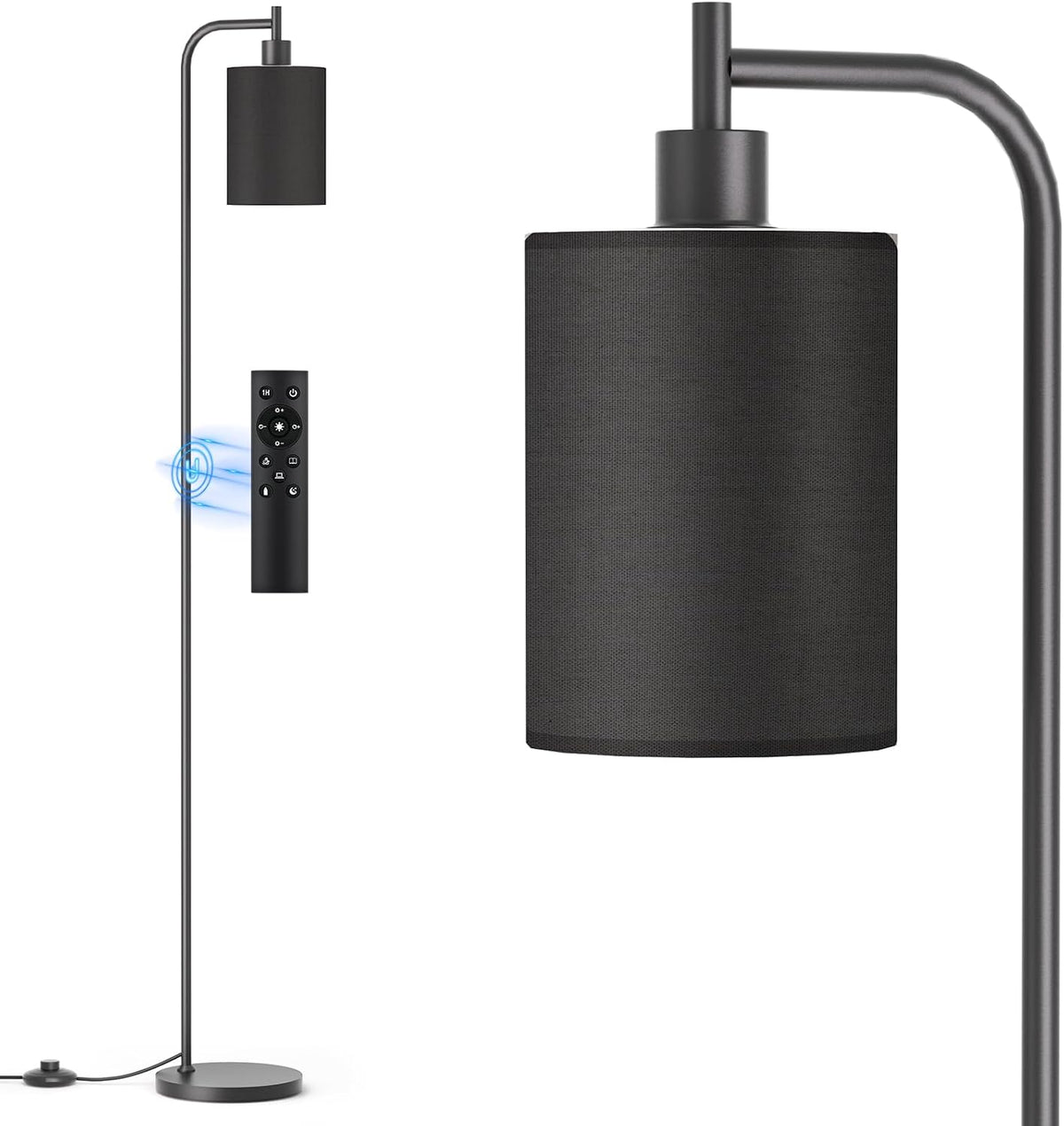 SIBRILLE fabric-shade floor lamp: black fabric shade on a black pole.