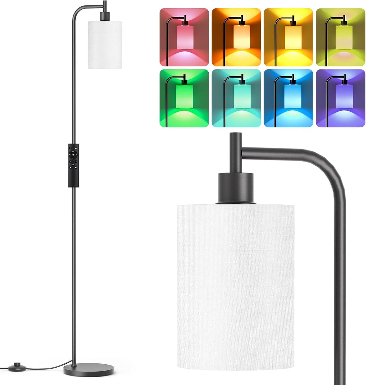 SIBRILLE fabric-shade floor lamp: RGB bulb version with color-lighting examples.