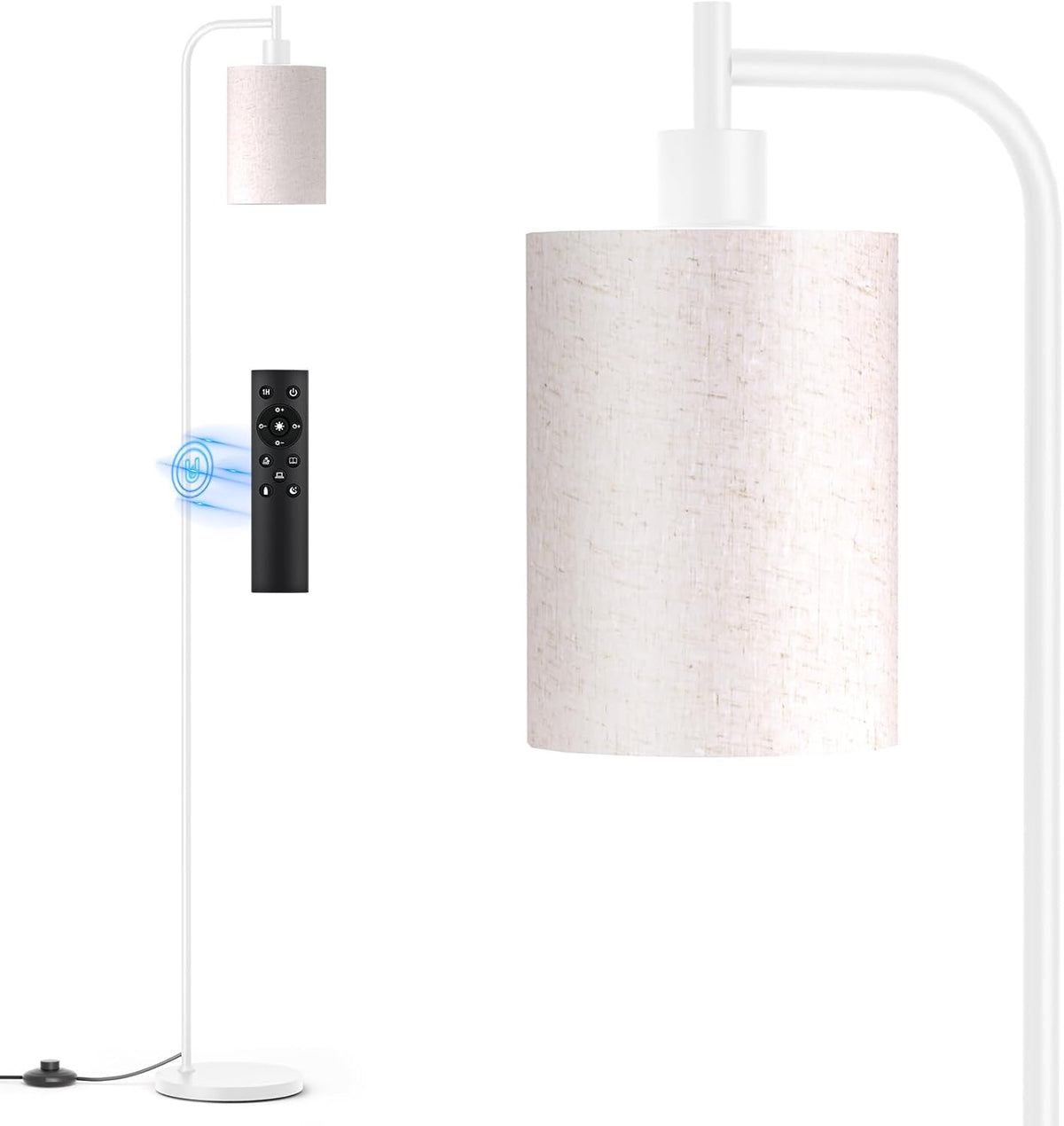 SIBRILLE fabric-shade floor lamp: beige fabric shade on a white pole.