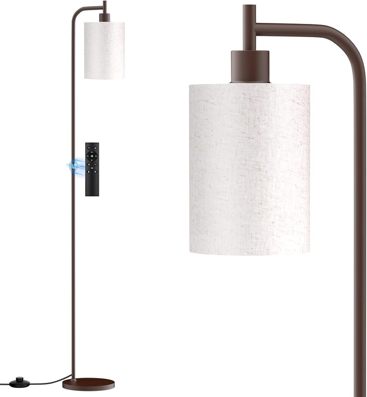 SIBRILLE fabric-shade floor lamp: beige fabric shade on a brown pole.