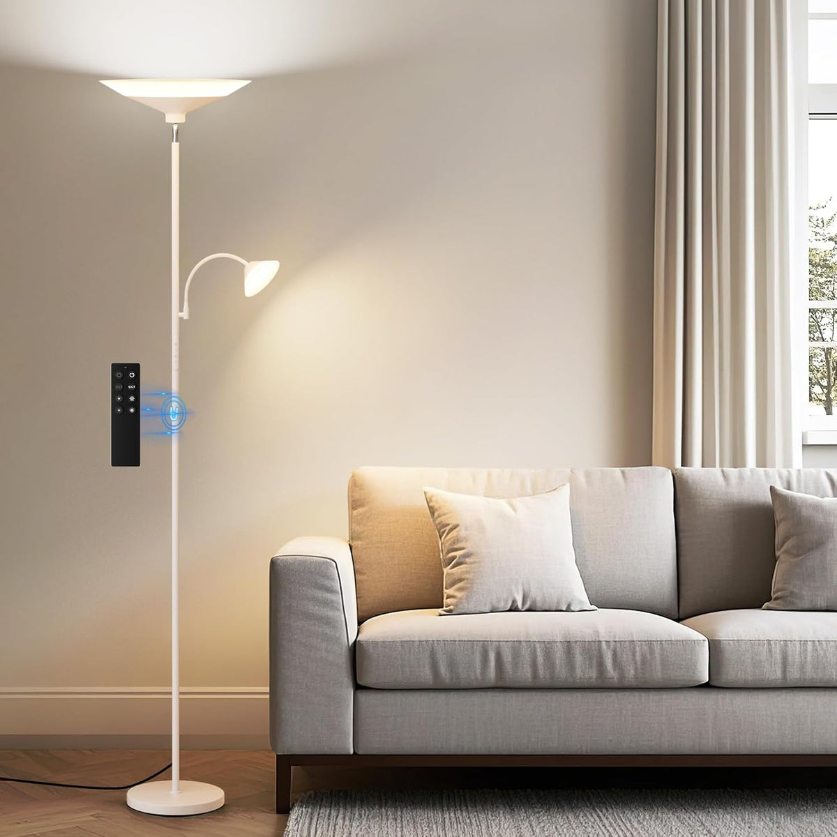 SIBRILLE 2-in-1 torchiere floor lamp: white wood-grain finish beside a sofa.