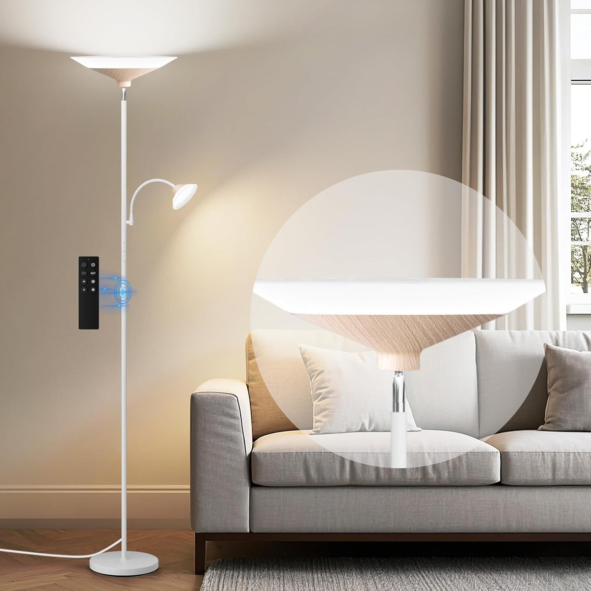 SIBRILLE 2-in-1 torchiere floor lamp: white finish with illuminated top-light close-up.