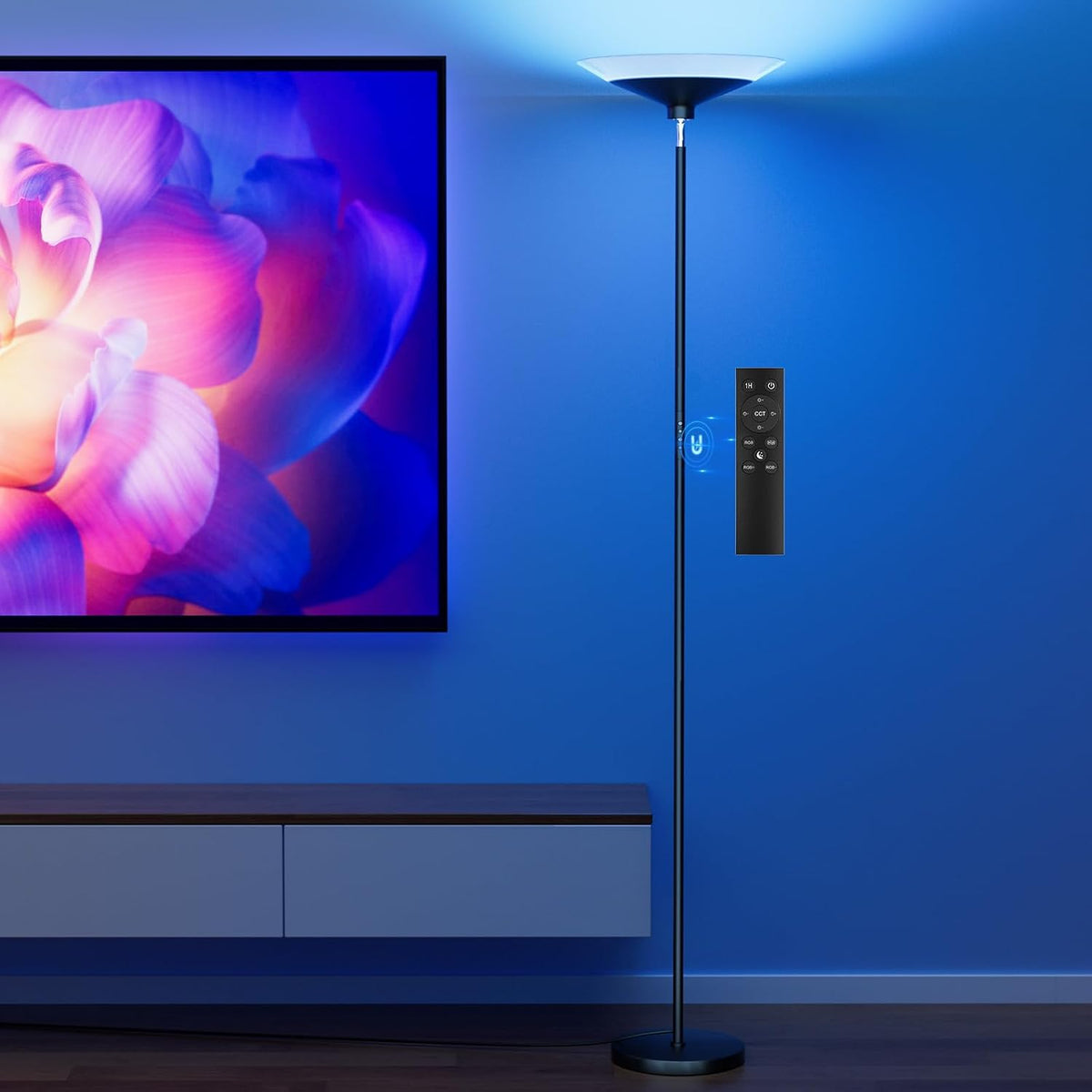 SIBRILLE 72-inch LED torchiere: RGB torchiere casting blue light beside a television.