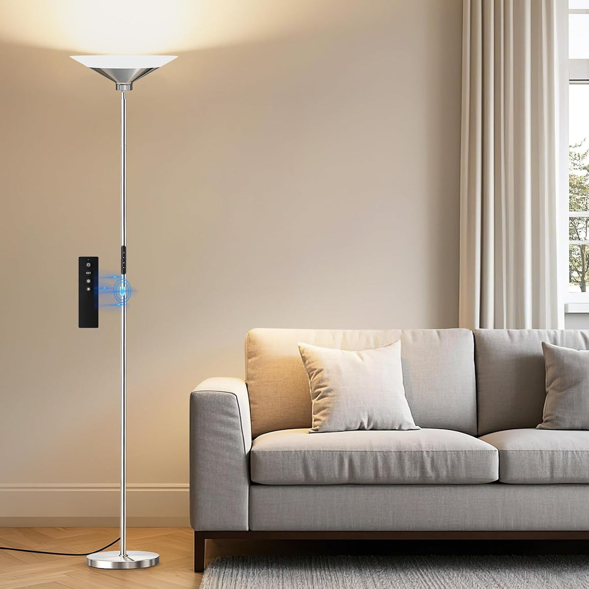 SIBRILLE 72-inch LED torchiere: metallic silver finish with illuminated top light.