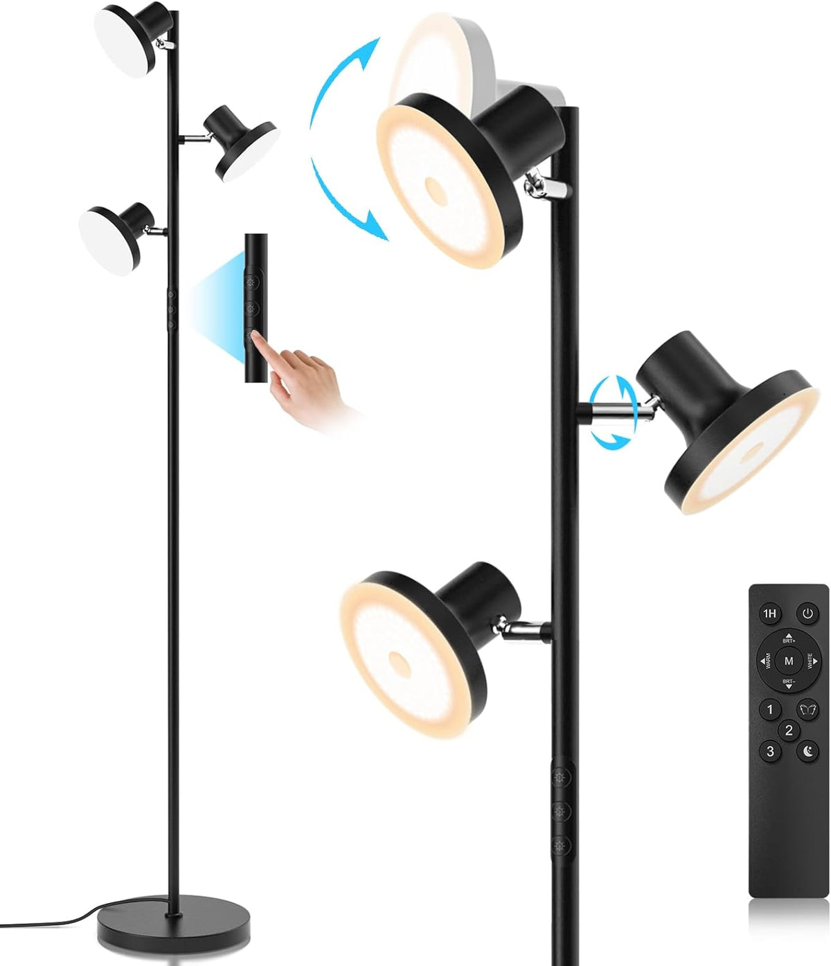 SIBRILLE 3-head LED tree floor lamp: black tree lamp with head-adjustment detail.
