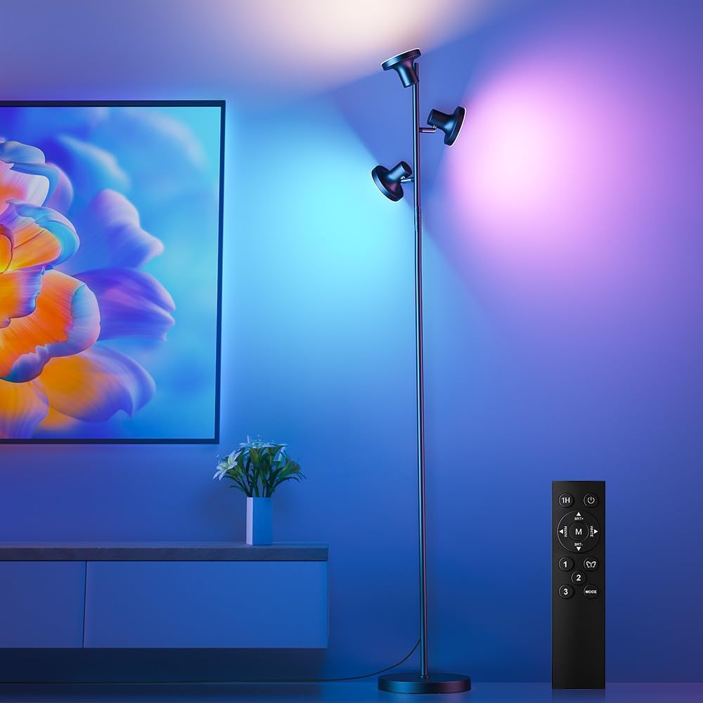 SIBRILLE 3-head LED tree floor lamp: RGB tree lamp lighting a room in blue and purple.