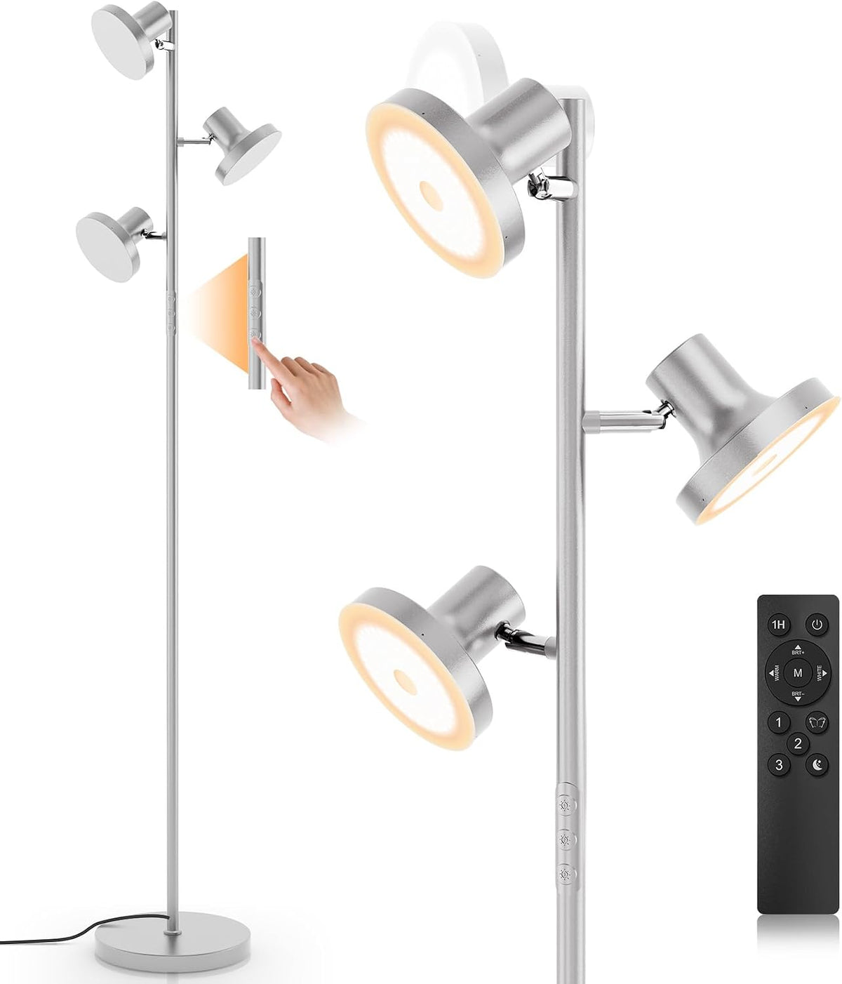 SIBRILLE 3-head LED tree floor lamp: silver three-head tree lamp with remote.