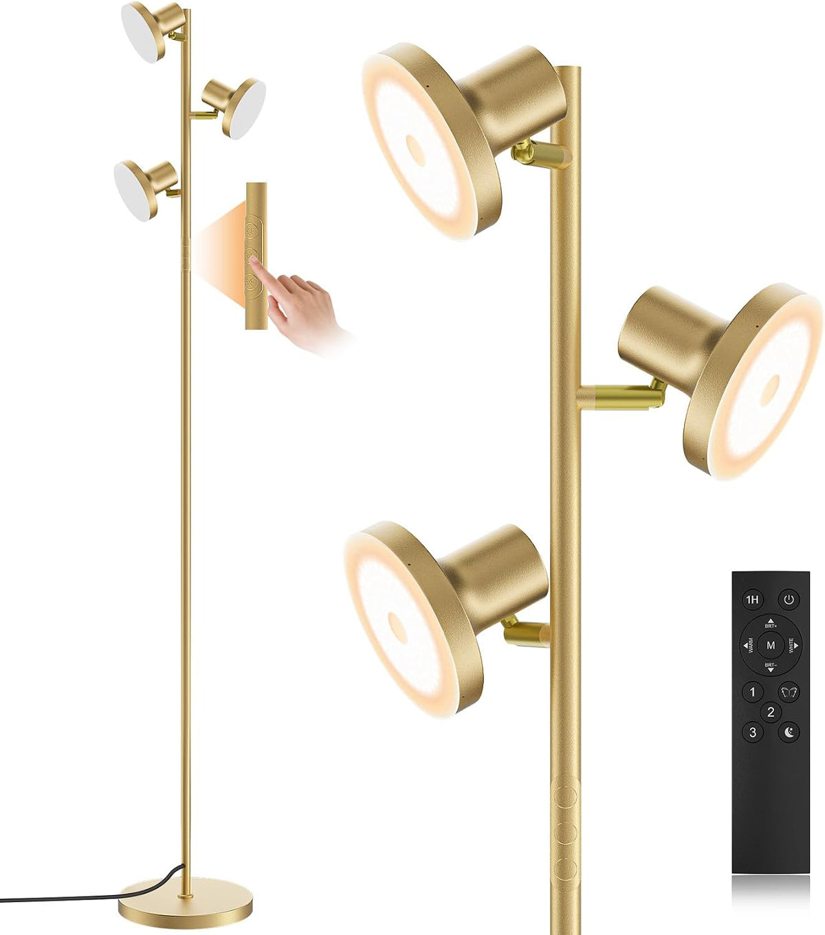 SIBRILLE 3-head LED tree floor lamp: gold three-head tree lamp with remote.