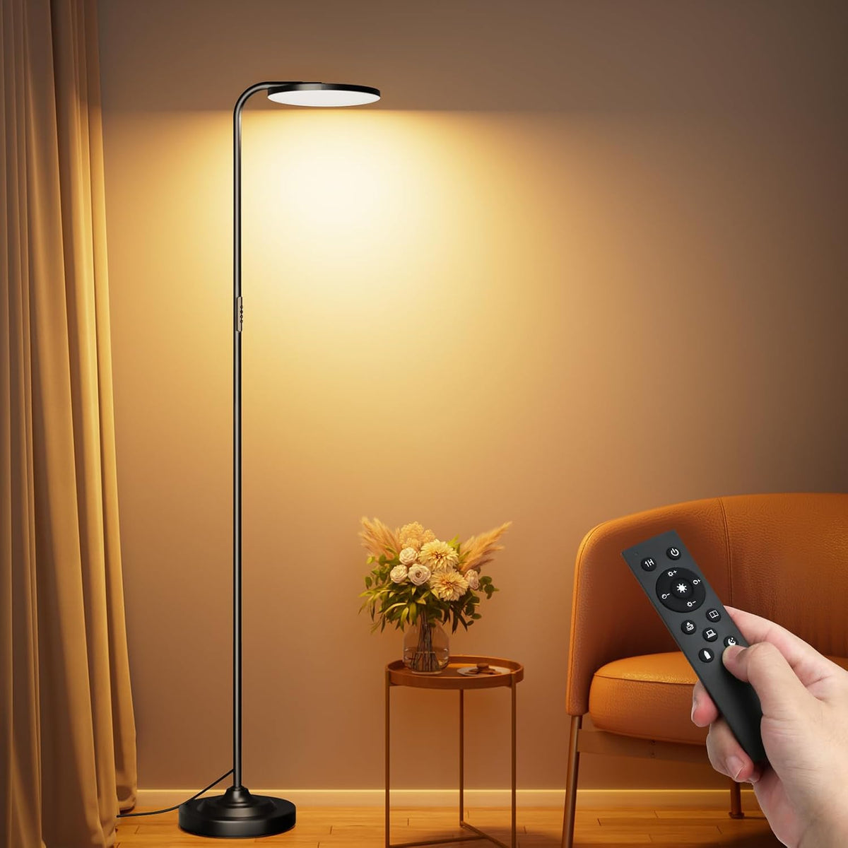 SIBRILLE bedroom LED floor lamp: black lamp beside a chair with a pictured remote.