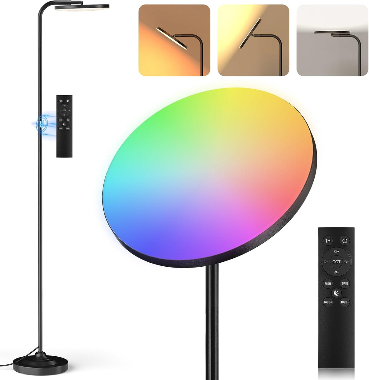 SIBRILLE bedroom LED floor lamp: black RGB lamp with color-changing head illustration.