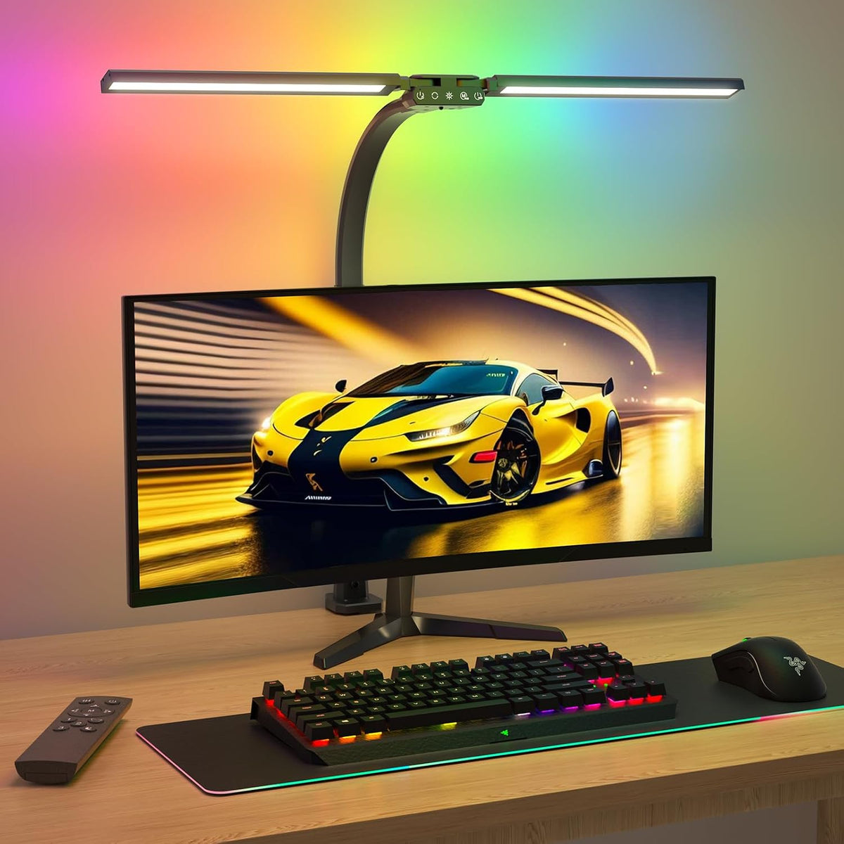 SIBRILLE double-head clamp desk lamp: black RGB version illuminating a gaming desk.
