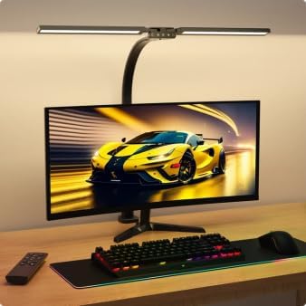 SIBRILLE double-head clamp desk lamp: matte black dual light bars above a curved monitor.