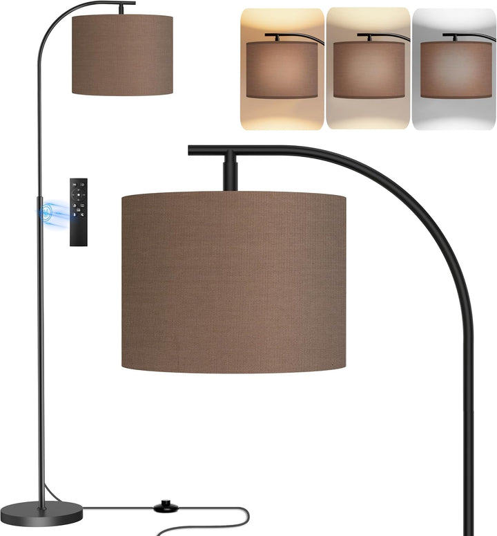 SIBRILLE arc floor lamp: brown fabric shade, black curved pole and light-temperature examples.