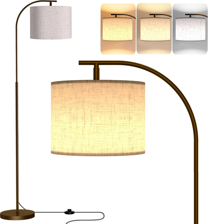 SIBRILLE arc floor lamp: beige shade, brown curved pole and foot switch.