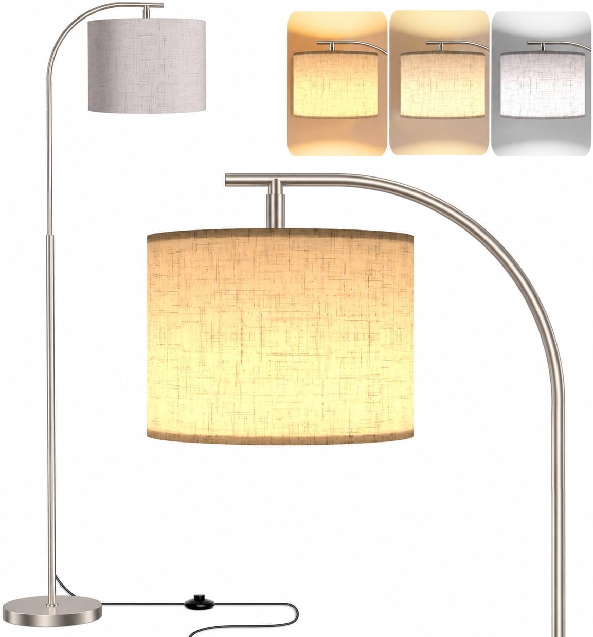 SIBRILLE arc floor lamp: beige shade, silver curved pole and foot switch.