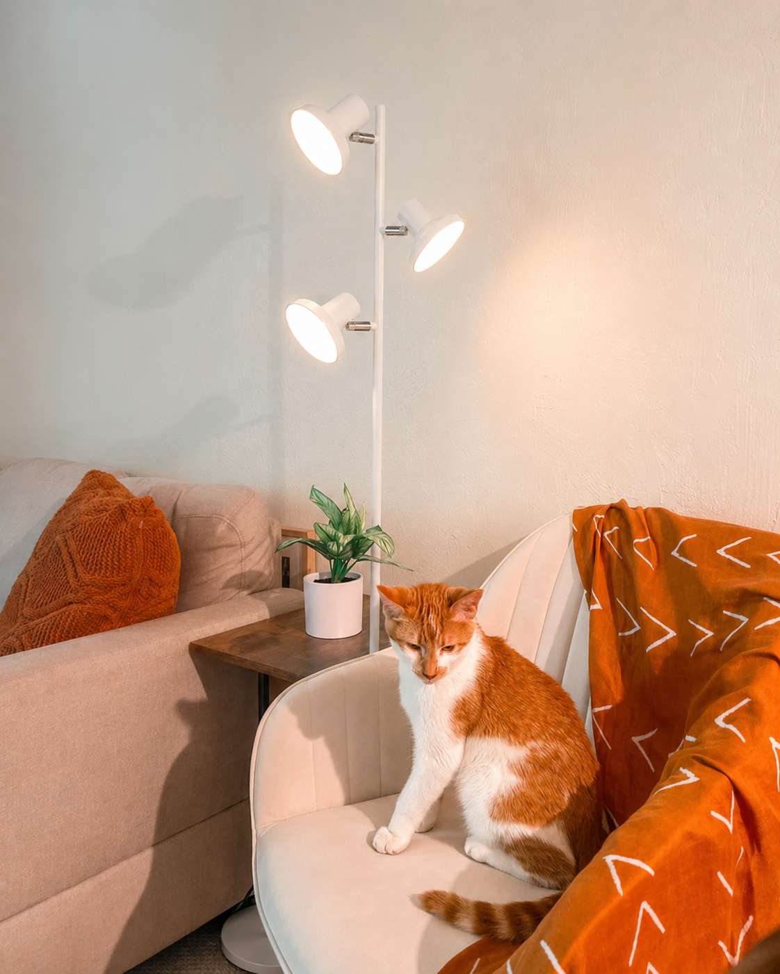 Cozy reading corner with warm floor lamp