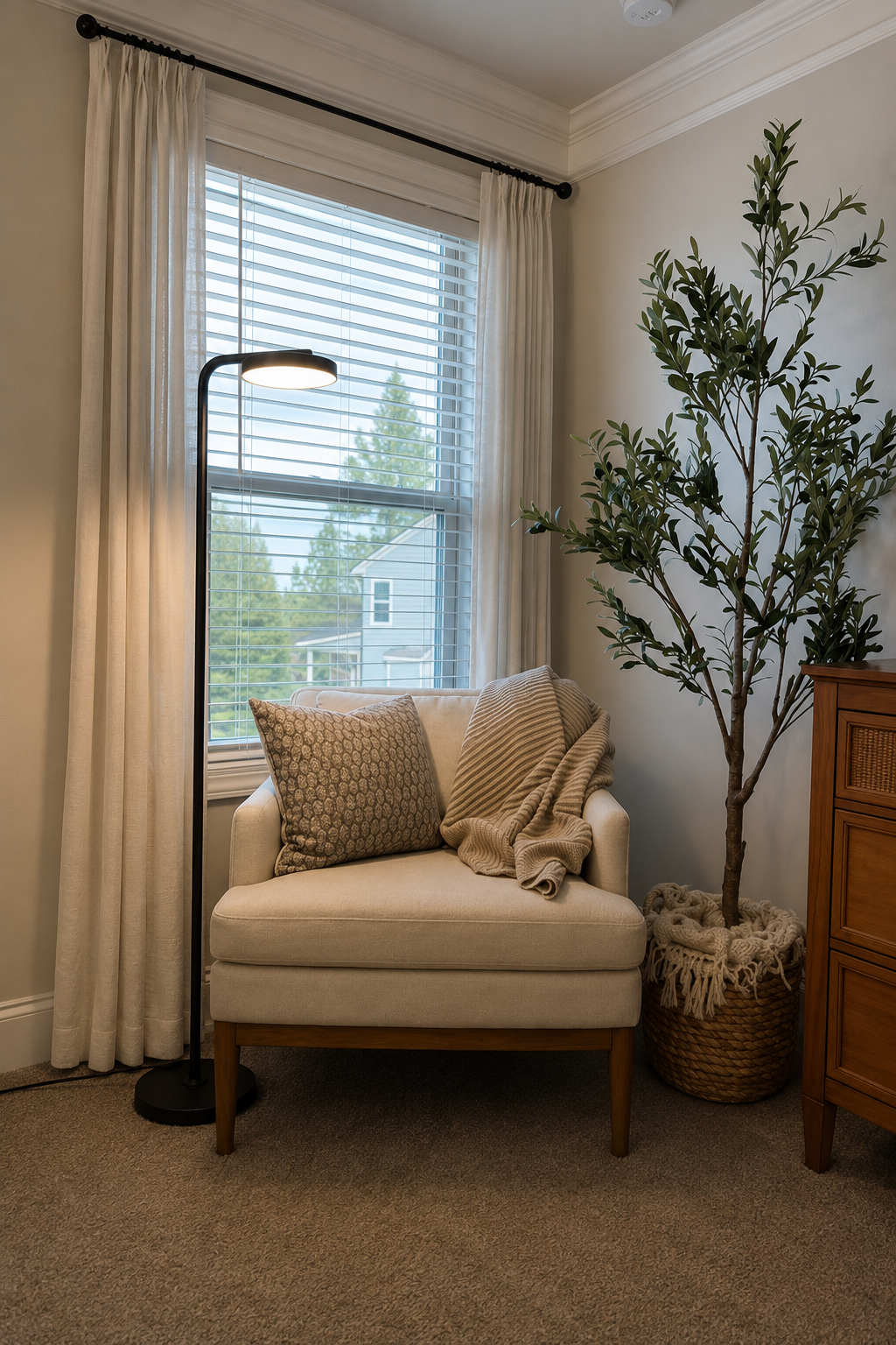 SIBRILLE 36W rotating floor lamp beside an armchair in a bright reading corner.