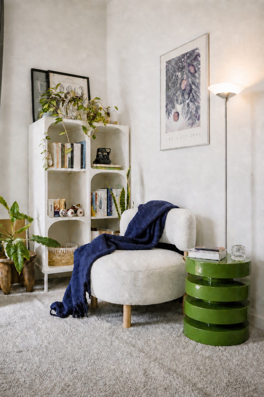 Cozy reading corner with warm floor lamp