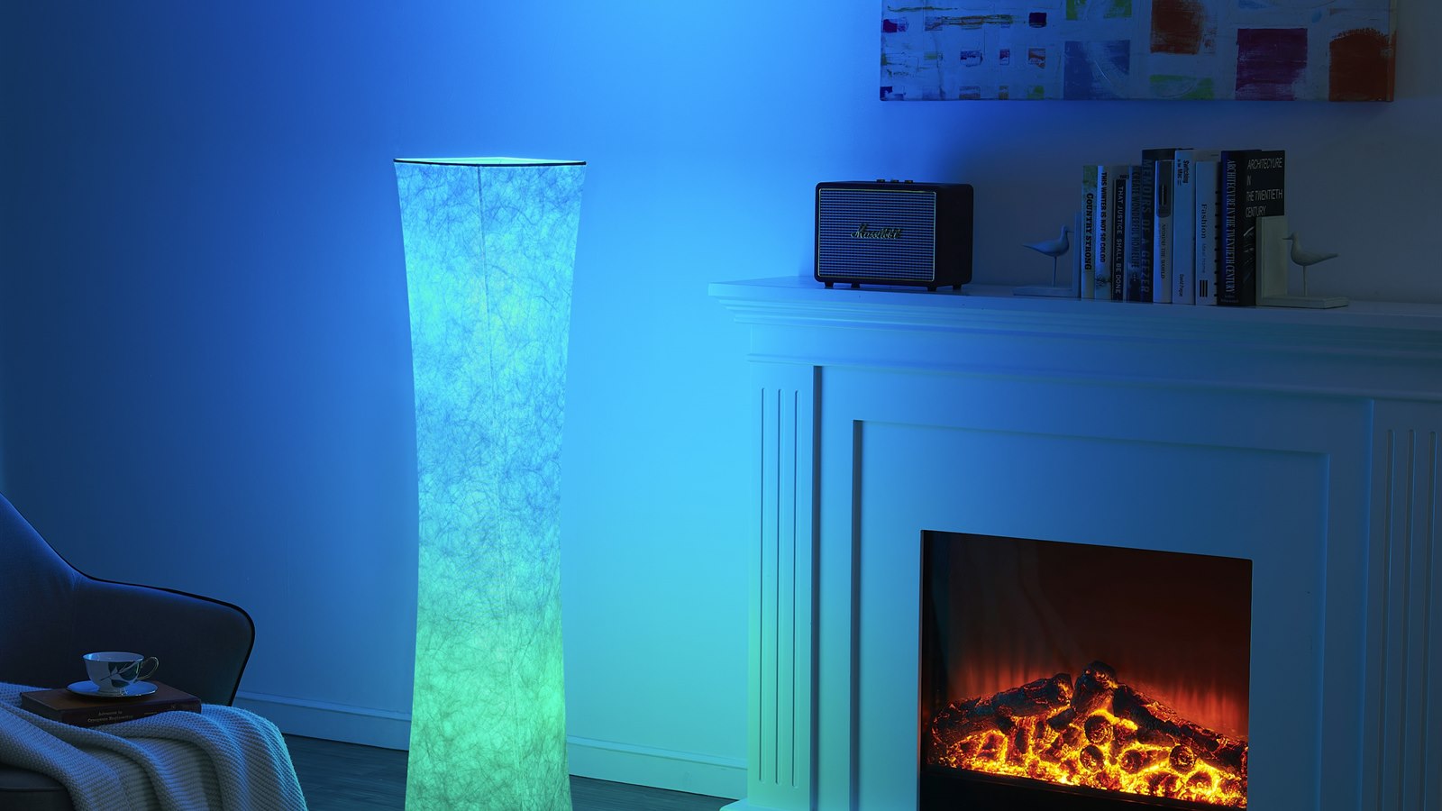 Dimmable LED floor lamp beside a reading chair
