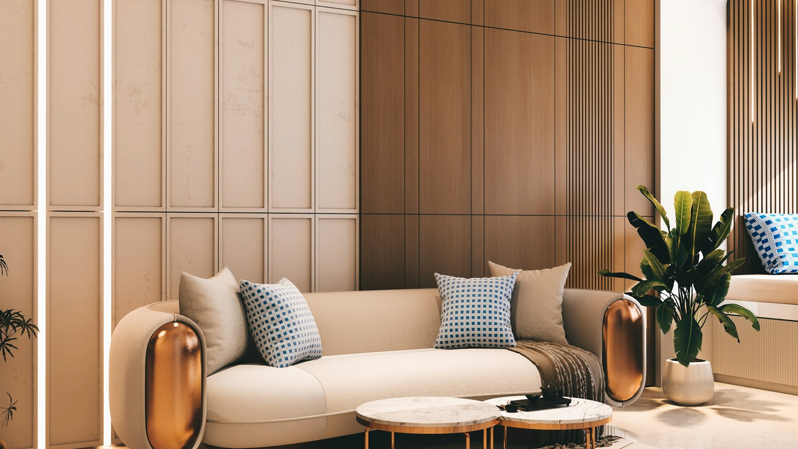 Tree floor lamp lighting multiple zones in a living room