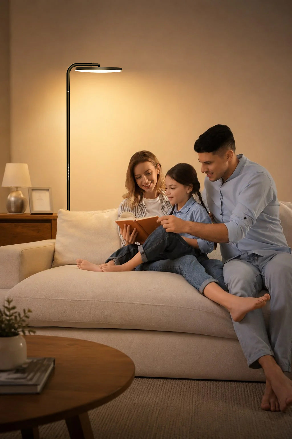 SIBRILLE 36W rotating floor lamp beside a sofa with warm family reading light