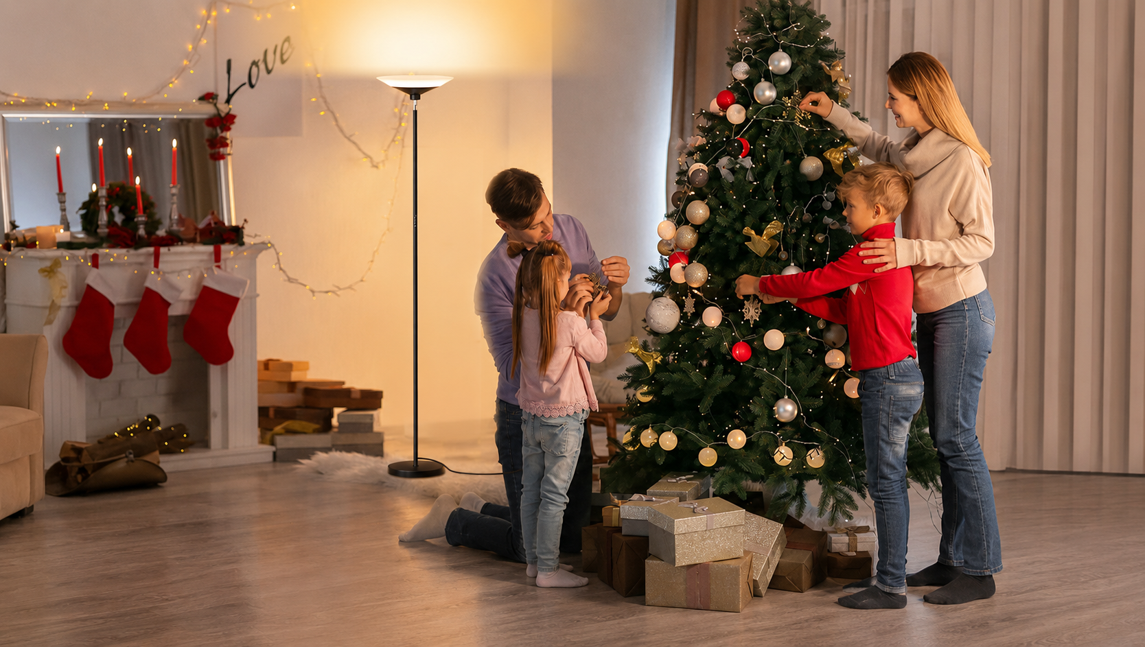 Sibrille floor lamp lighting a Christmas celebration scene